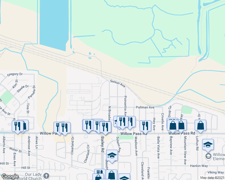 map of restaurants, bars, coffee shops, grocery stores, and more near 210 North Broadway Avenue in Bay Point