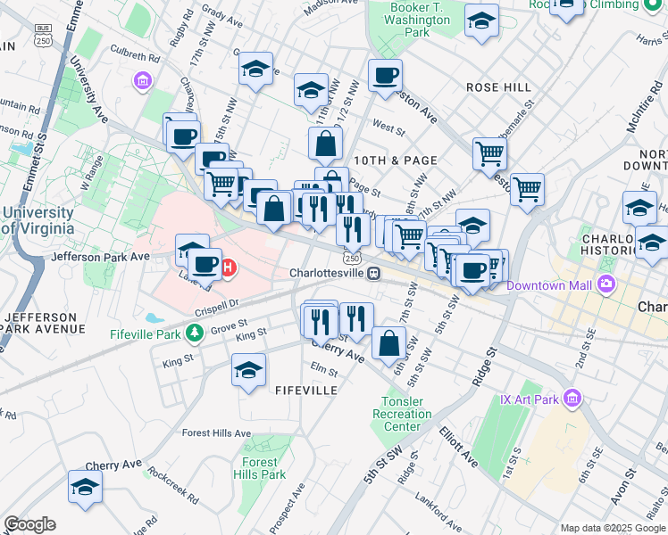 map of restaurants, bars, coffee shops, grocery stores, and more near 852 West Main Street in Charlottesville