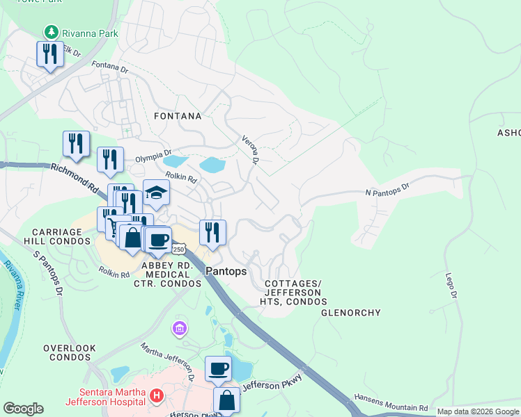 map of restaurants, bars, coffee shops, grocery stores, and more near 1569 Newcastle Court in Charlottesville