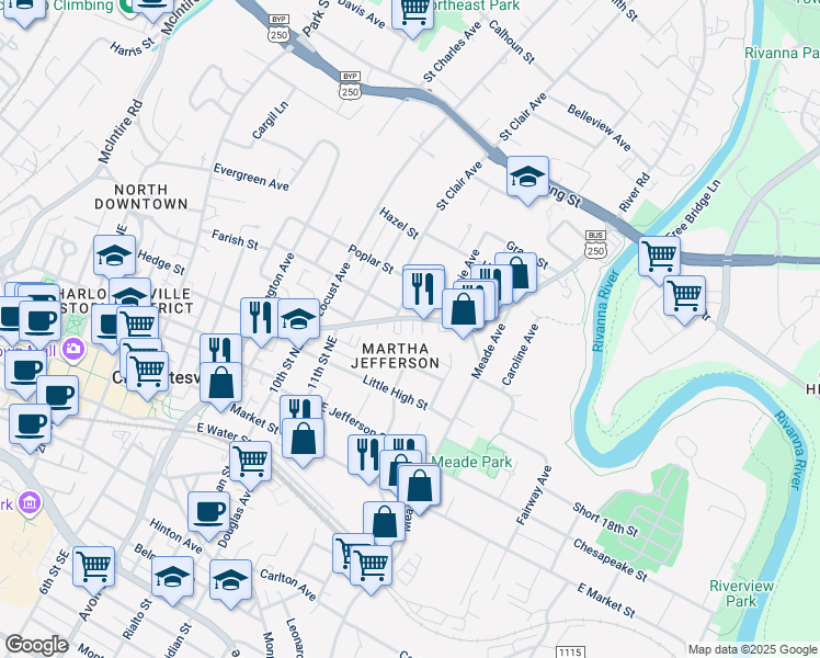 map of restaurants, bars, coffee shops, grocery stores, and more near 1130 East High Street in Charlottesville
