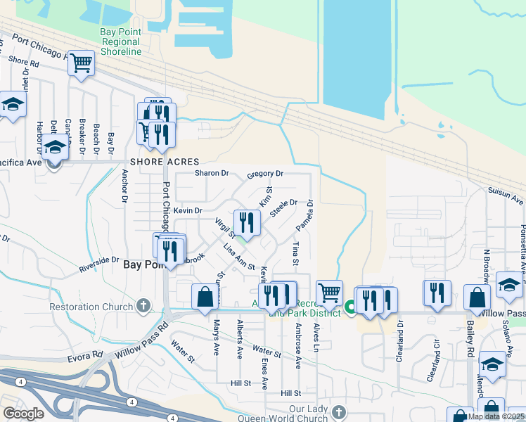 map of restaurants, bars, coffee shops, grocery stores, and more near 478 Kim Street in Bay Point