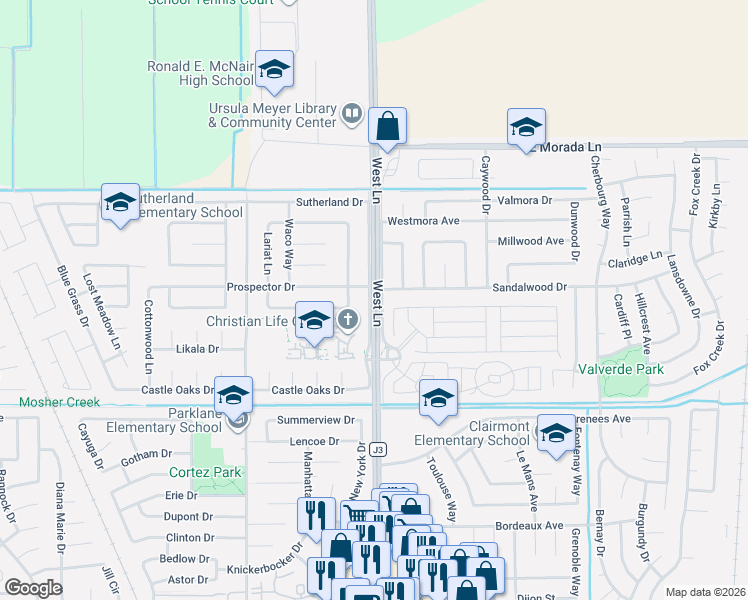 map of restaurants, bars, coffee shops, grocery stores, and more near 9021 West Ln in Stockton
