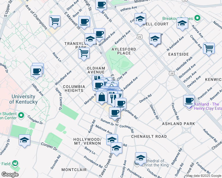 map of restaurants, bars, coffee shops, grocery stores, and more near 719 Euclid Avenue in Lexington