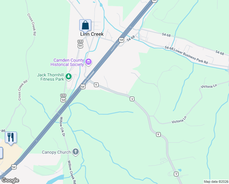 map of restaurants, bars, coffee shops, grocery stores, and more near 363 State Road V in Linn Creek