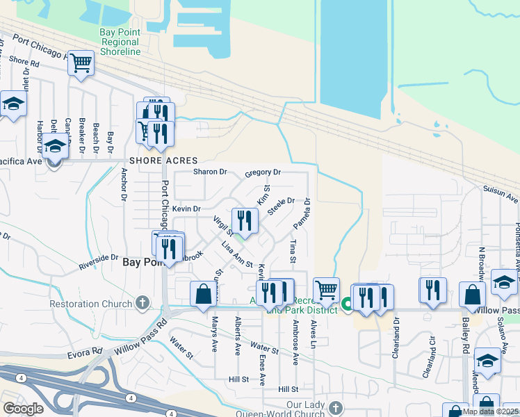 map of restaurants, bars, coffee shops, grocery stores, and more near 478 Kim Street in Bay Point