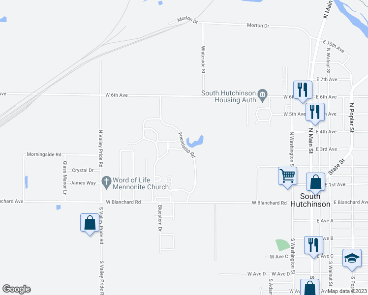 map of restaurants, bars, coffee shops, grocery stores, and more near 285 Friendship Road in South Hutchinson