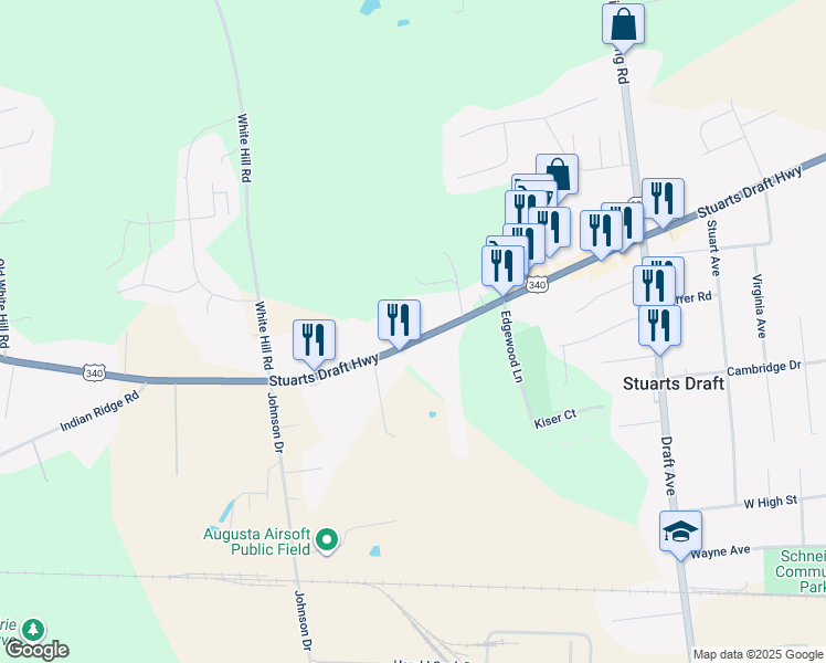 map of restaurants, bars, coffee shops, grocery stores, and more near 2460 Stuarts Draft Highway in Stuarts Draft