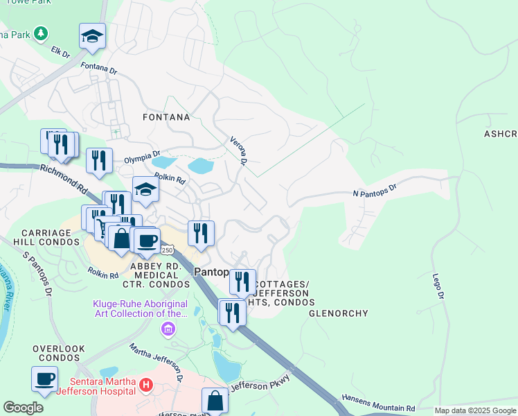 map of restaurants, bars, coffee shops, grocery stores, and more near 2297 Whittington Drive in Charlottesville