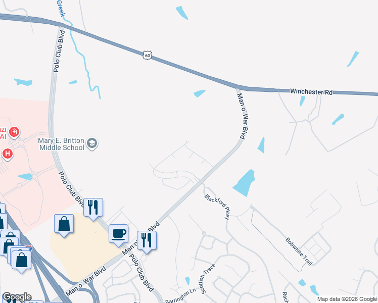 map of restaurants, bars, coffee shops, grocery stores, and more near 6539-6589 Man O War Boulevard in Lexington