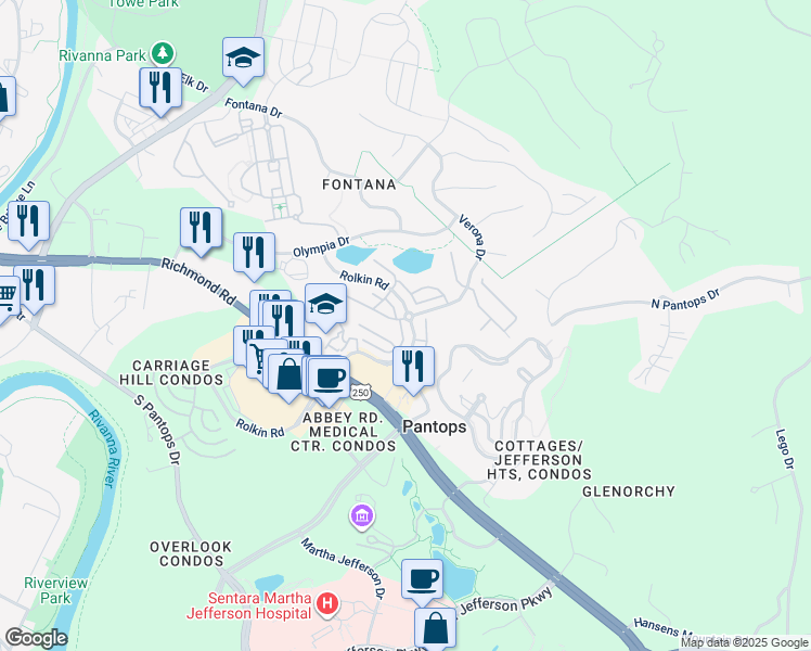 map of restaurants, bars, coffee shops, grocery stores, and more near 439 Rolkin Road in Charlottesville