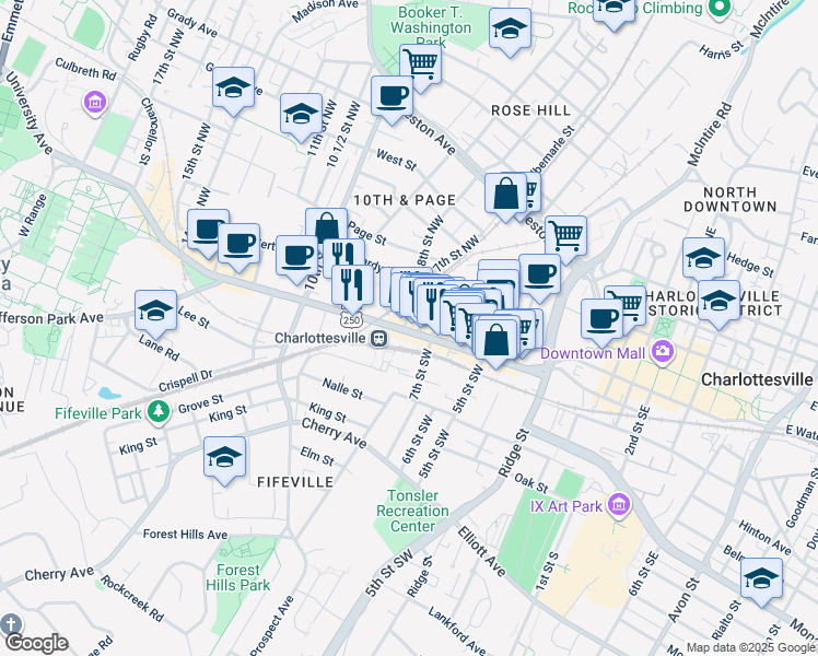 map of restaurants, bars, coffee shops, grocery stores, and more near 731 U.S. 250 Business in Charlottesville