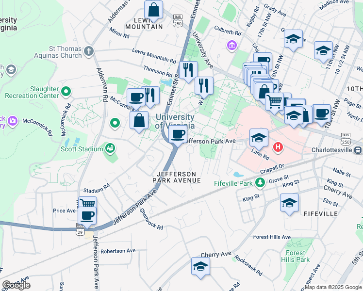 map of restaurants, bars, coffee shops, grocery stores, and more near 1600 Jefferson Park Avenue in Charlottesville