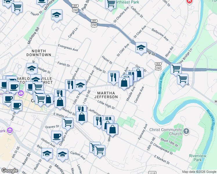 map of restaurants, bars, coffee shops, grocery stores, and more near 501 Orange Street in Charlottesville