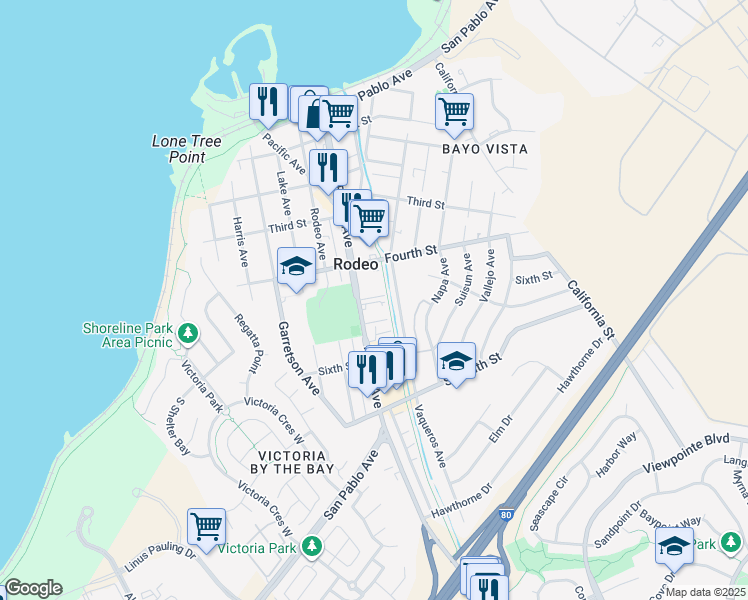 map of restaurants, bars, coffee shops, grocery stores, and more near 467 Parker Avenue in Rodeo