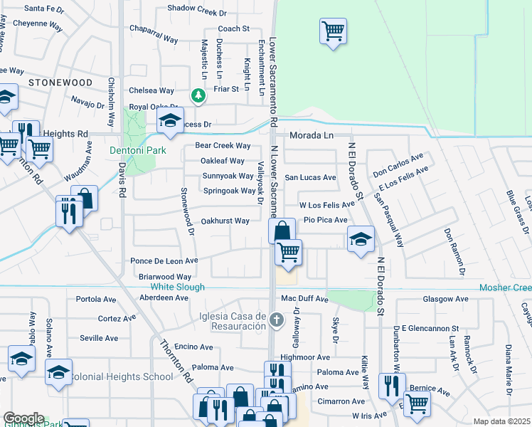 map of restaurants, bars, coffee shops, grocery stores, and more near 8832 Valley Oak Drive in Stockton