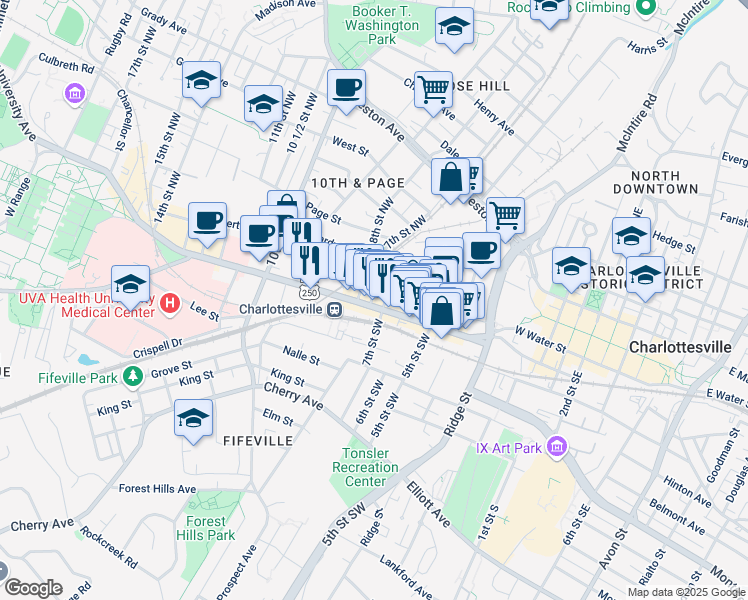 map of restaurants, bars, coffee shops, grocery stores, and more near 711 West Main Street in Charlottesville