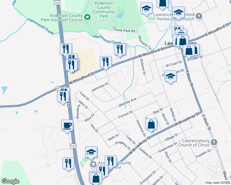 map of restaurants, bars, coffee shops, grocery stores, and more near 617 Nickelbie Drive in Lawrenceburg