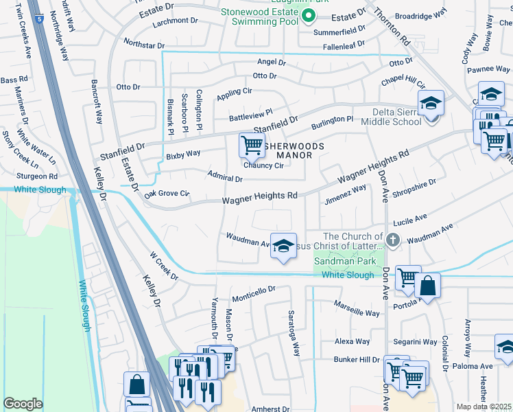 map of restaurants, bars, coffee shops, grocery stores, and more near 3027 Wagner Heights Road in Stockton