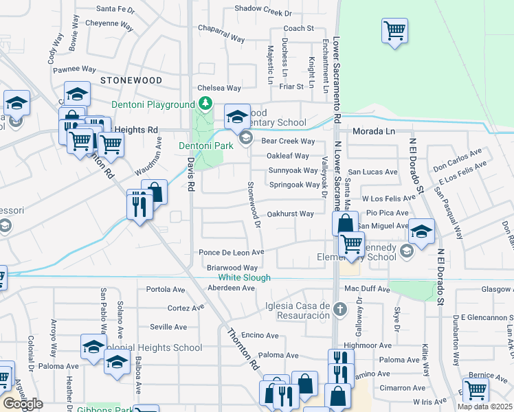 map of restaurants, bars, coffee shops, grocery stores, and more near 1132 Goldenoak Way in Stockton