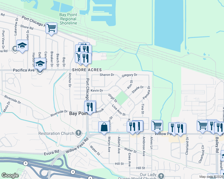 map of restaurants, bars, coffee shops, grocery stores, and more near 147 Sharon Place in Bay Point