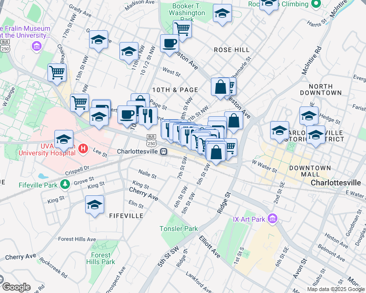 map of restaurants, bars, coffee shops, grocery stores, and more near 711 West Main Street in Charlottesville