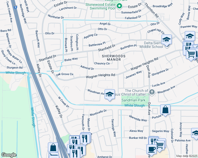 map of restaurants, bars, coffee shops, grocery stores, and more near 3027 Wagner Heights Road in Stockton