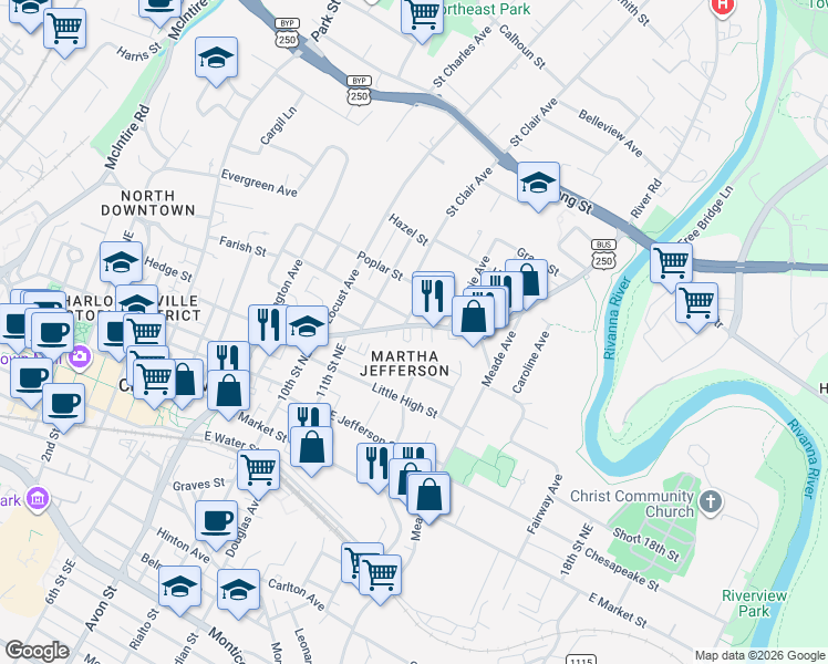 map of restaurants, bars, coffee shops, grocery stores, and more near 501 Orange Street in Charlottesville