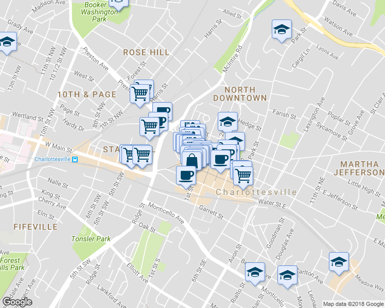 map of restaurants, bars, coffee shops, grocery stores, and more near 116 West Jefferson Street in Charlottesville