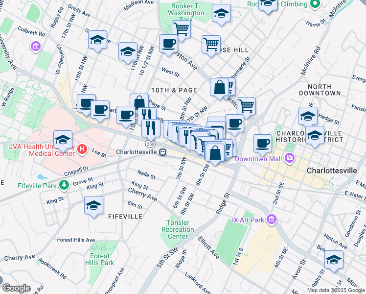 map of restaurants, bars, coffee shops, grocery stores, and more near 112 8th Street Northwest in Charlottesville