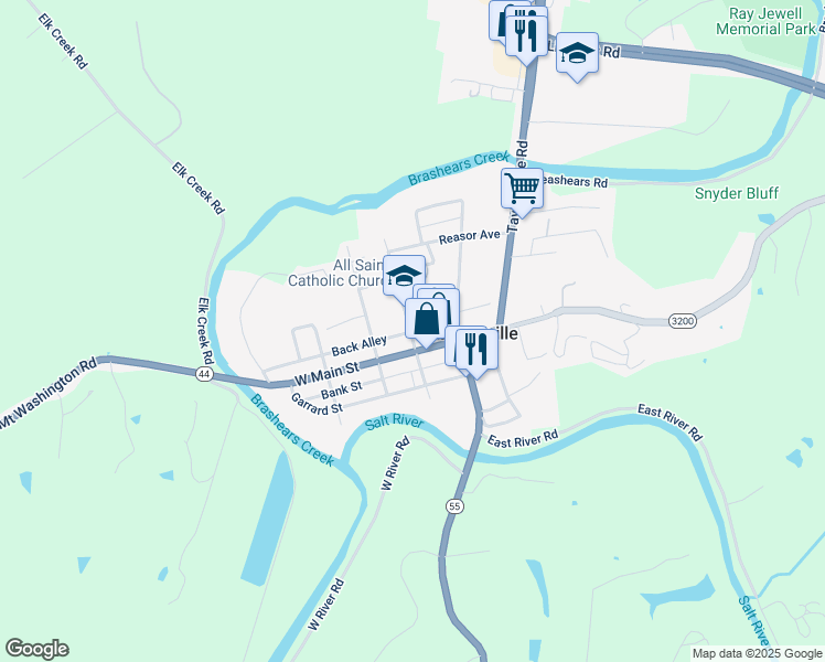 map of restaurants, bars, coffee shops, grocery stores, and more near 409 Main Cross in Taylorsville