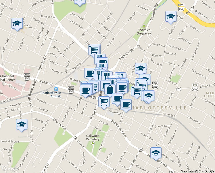 map of restaurants, bars, coffee shops, grocery stores, and more near 235 West Main Street in Charlottesville