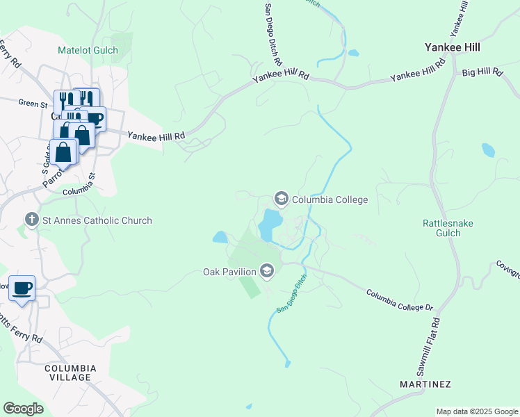 map of restaurants, bars, coffee shops, grocery stores, and more near 11600 Columbia College Drive in Sonora