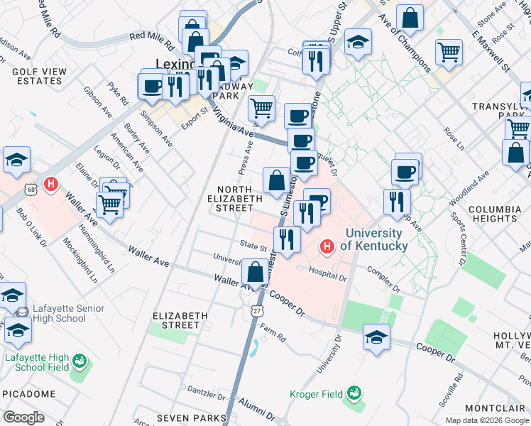 map of restaurants, bars, coffee shops, grocery stores, and more near 114 Gazette Avenue in Lexington