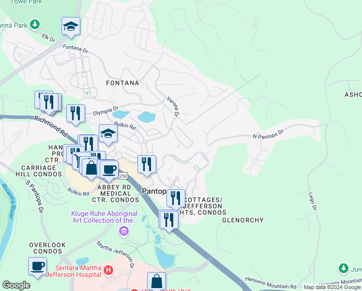 map of restaurants, bars, coffee shops, grocery stores, and more near 1569 Newcastle Court in Charlottesville