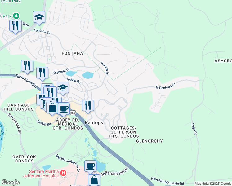 map of restaurants, bars, coffee shops, grocery stores, and more near Kempton Place in Charlottesville