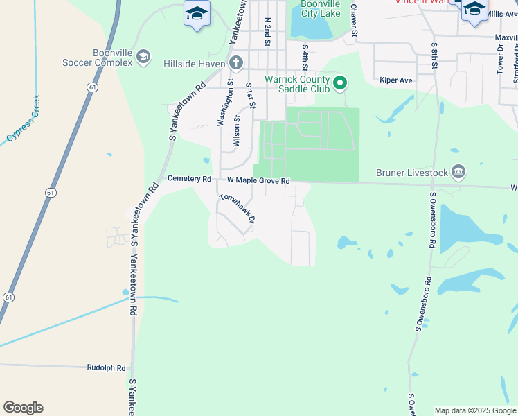 map of restaurants, bars, coffee shops, grocery stores, and more near 22 Bannerstone Drive in Boonville
