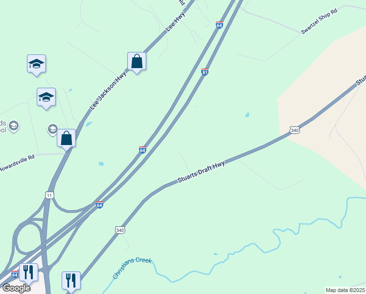 map of restaurants, bars, coffee shops, grocery stores, and more near 49 Kelsey Lane in Staunton