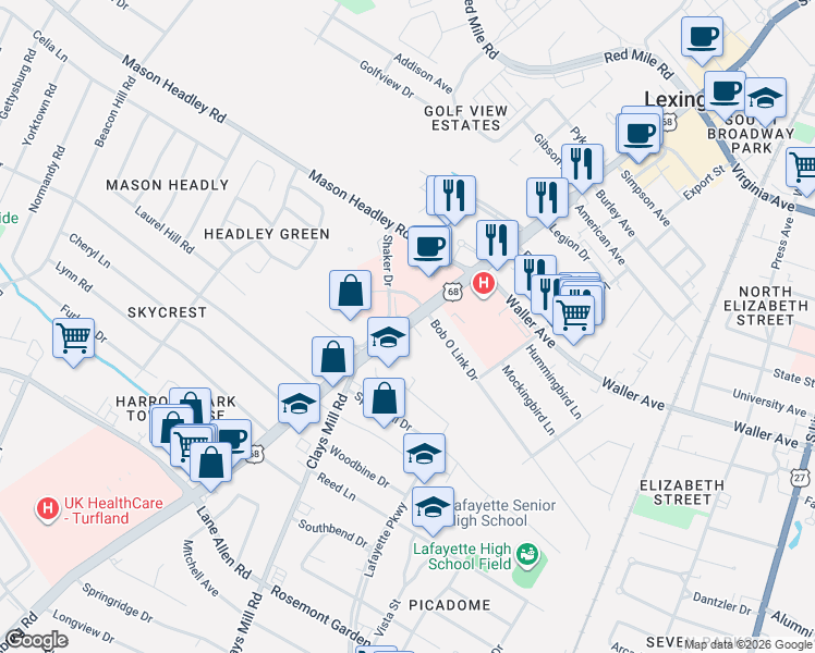 map of restaurants, bars, coffee shops, grocery stores, and more near 1451 Harrodsburg Road in Lexington