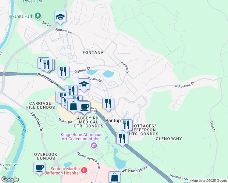 map of restaurants, bars, coffee shops, grocery stores, and more near 2170 Saranac Court in Charlottesville