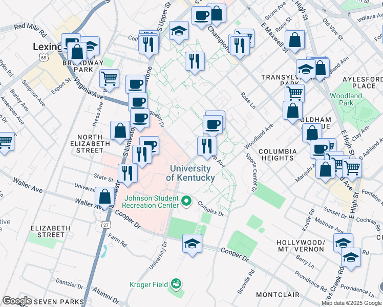 map of restaurants, bars, coffee shops, grocery stores, and more near 361 Huguelet Drive in Lexington