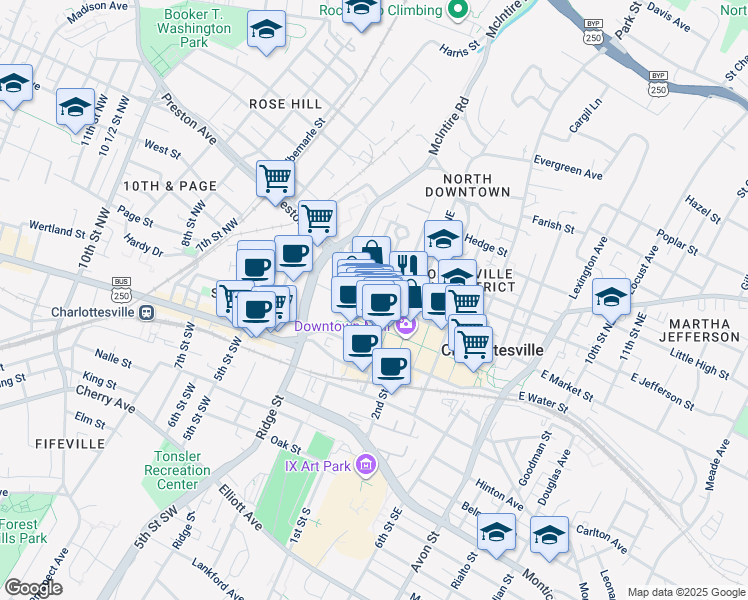 map of restaurants, bars, coffee shops, grocery stores, and more near 207 2nd Street Northwest in Charlottesville