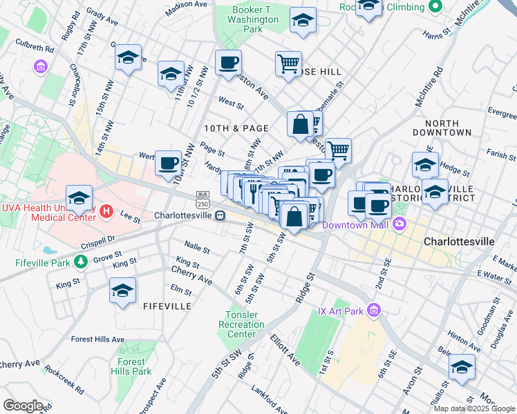 map of restaurants, bars, coffee shops, grocery stores, and more near 110 7th Street Northwest in Charlottesville