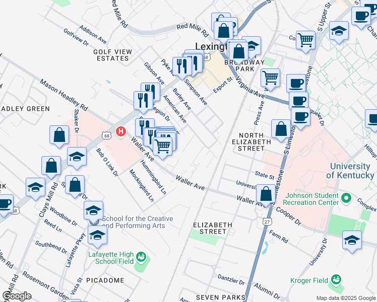 map of restaurants, bars, coffee shops, grocery stores, and more near 1302 Southern Avenue in Lexington