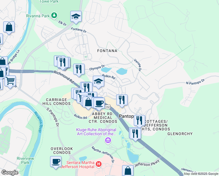 map of restaurants, bars, coffee shops, grocery stores, and more near 1556 Montessori Terrace in Charlottesville