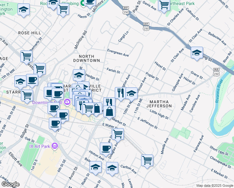 map of restaurants, bars, coffee shops, grocery stores, and more near 423 Lexington Avenue in Charlottesville