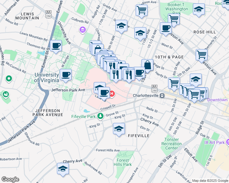 map of restaurants, bars, coffee shops, grocery stores, and more near in Charlottesville
