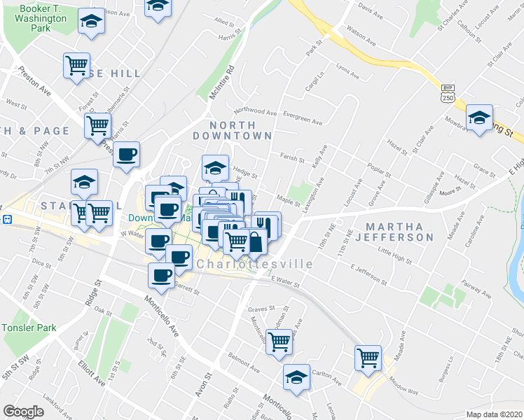 map of restaurants, bars, coffee shops, grocery stores, and more near 615 East High Street in Charlottesville