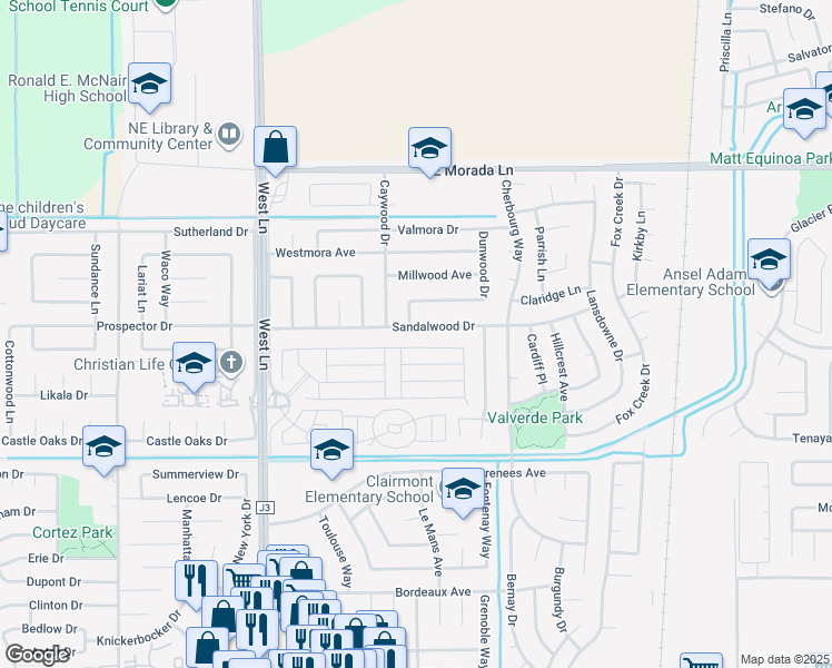 map of restaurants, bars, coffee shops, grocery stores, and more near 2137 Sandalwood Drive in Stockton
