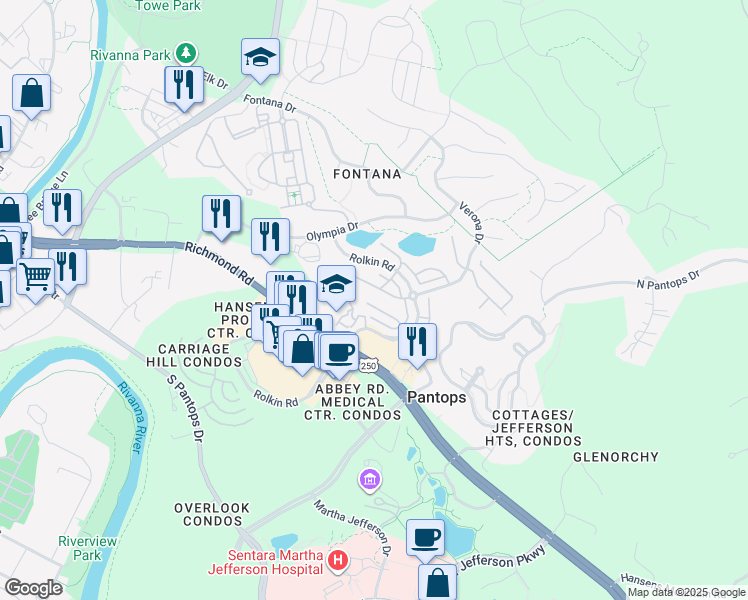 map of restaurants, bars, coffee shops, grocery stores, and more near 1556 Montessori Terrace in Charlottesville