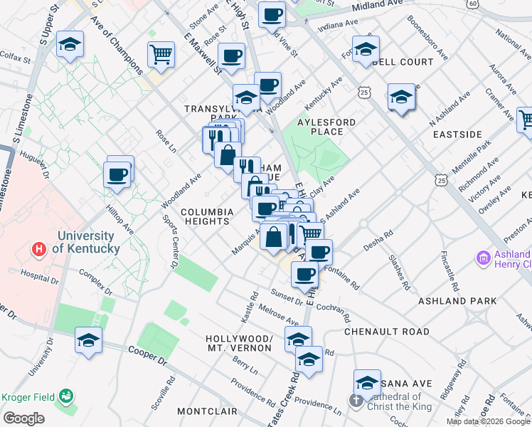 map of restaurants, bars, coffee shops, grocery stores, and more near 398 Lafayette Avenue in Lexington